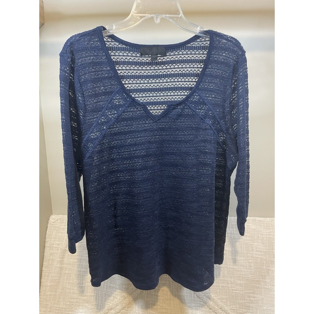 Almost Famous Navy Blue Lace Floral 3/4 Sleeve V-Neck Top Womens 1X Nautical 90s